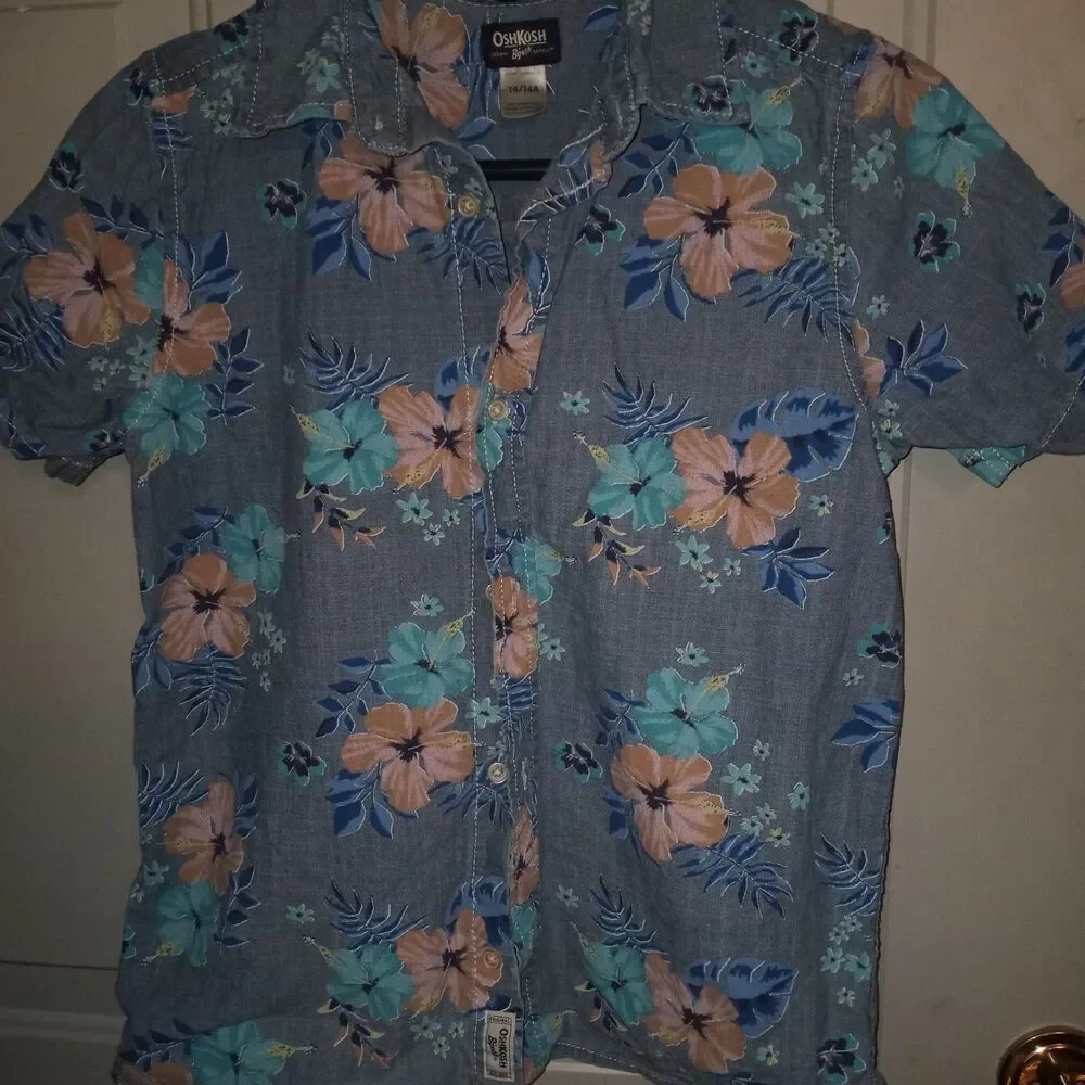 Osh Kosh B Gosh Girls' Button-Down Top Size 14/14A Blue With Floral Pattern
